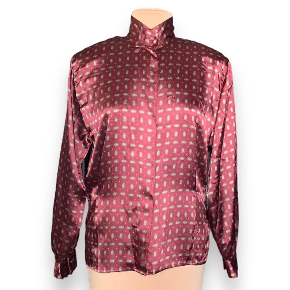 Vintage JH Collectibles Blouse‎ Burgundy Print Satiny Pajama Style Long Sleeve